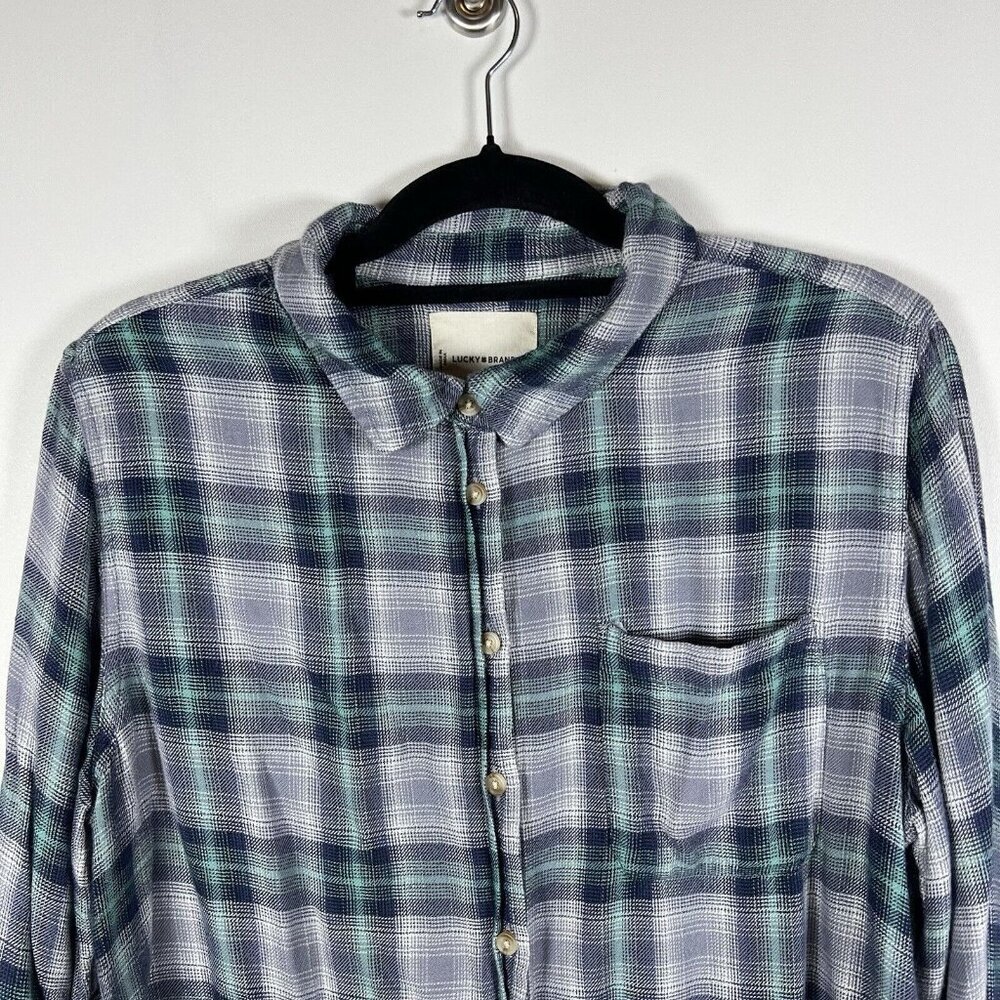 Lucky Brand Womens Green Purple Plaid‎ Button-Up Flannel Shirt Women’s Size M - Picture 3 of 10